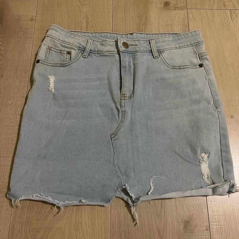Light Blue Distressed Denim Skirt